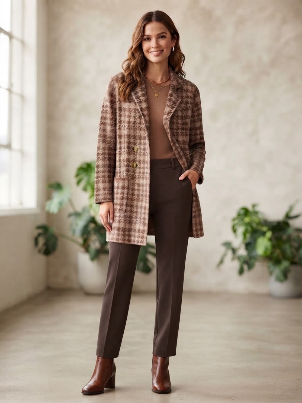 Plaid Houndstooth Longline Cardigan Sweater - Brown